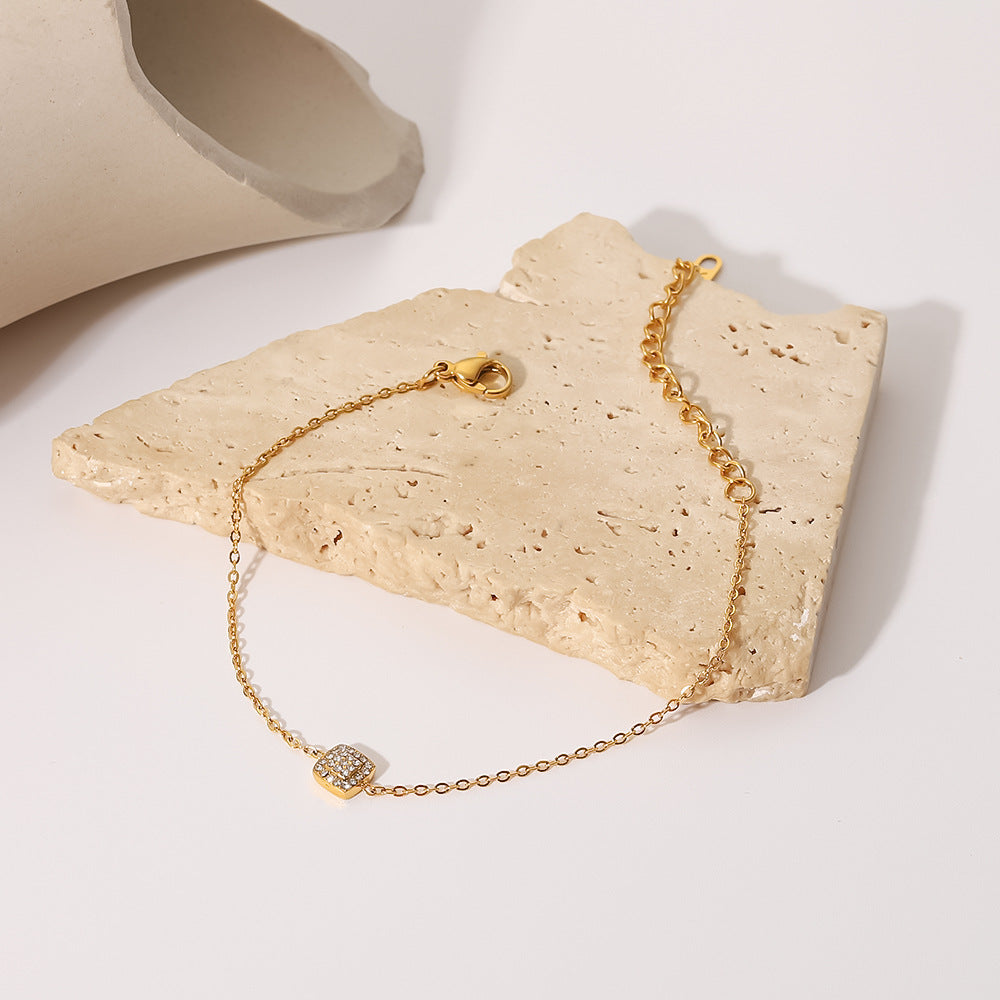 Minimalist Thin Bracelet with Geometric Square Pendant, 18K Gold-Plated Stainless Steel, Cubic Zirconia Accent, Women's Jewelry