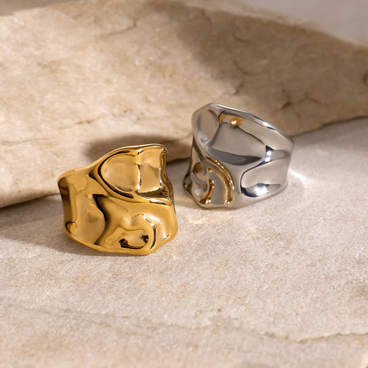 Minimalist 18K Gold Plated Stainless Steel Hammered Open Ring Unisex Unique Design