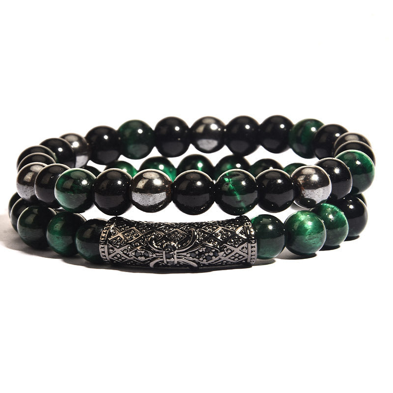 Business Crown Shape Brass Inlay Agate Rhinestone Unisex Bracelet Set