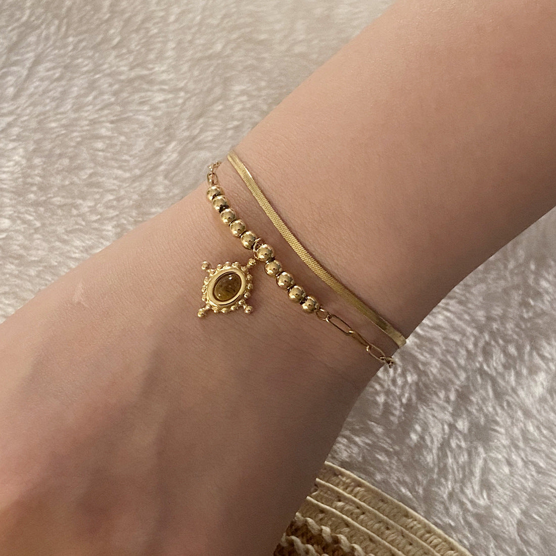 Retro Chic Geometric Stainless Steel Plated Bracelet with Round and Square Polka Dot Accents for Women