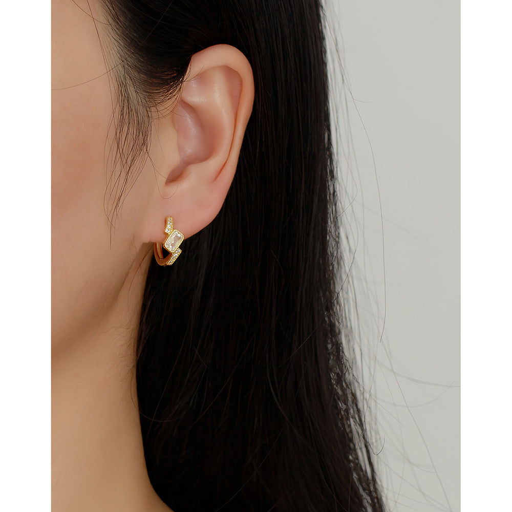 Orecchini a Cerchio da Donna Placcati in Pietra Preziosa Rettangolare Geometrica in Argento Sterling 925, Lusso Minimalista