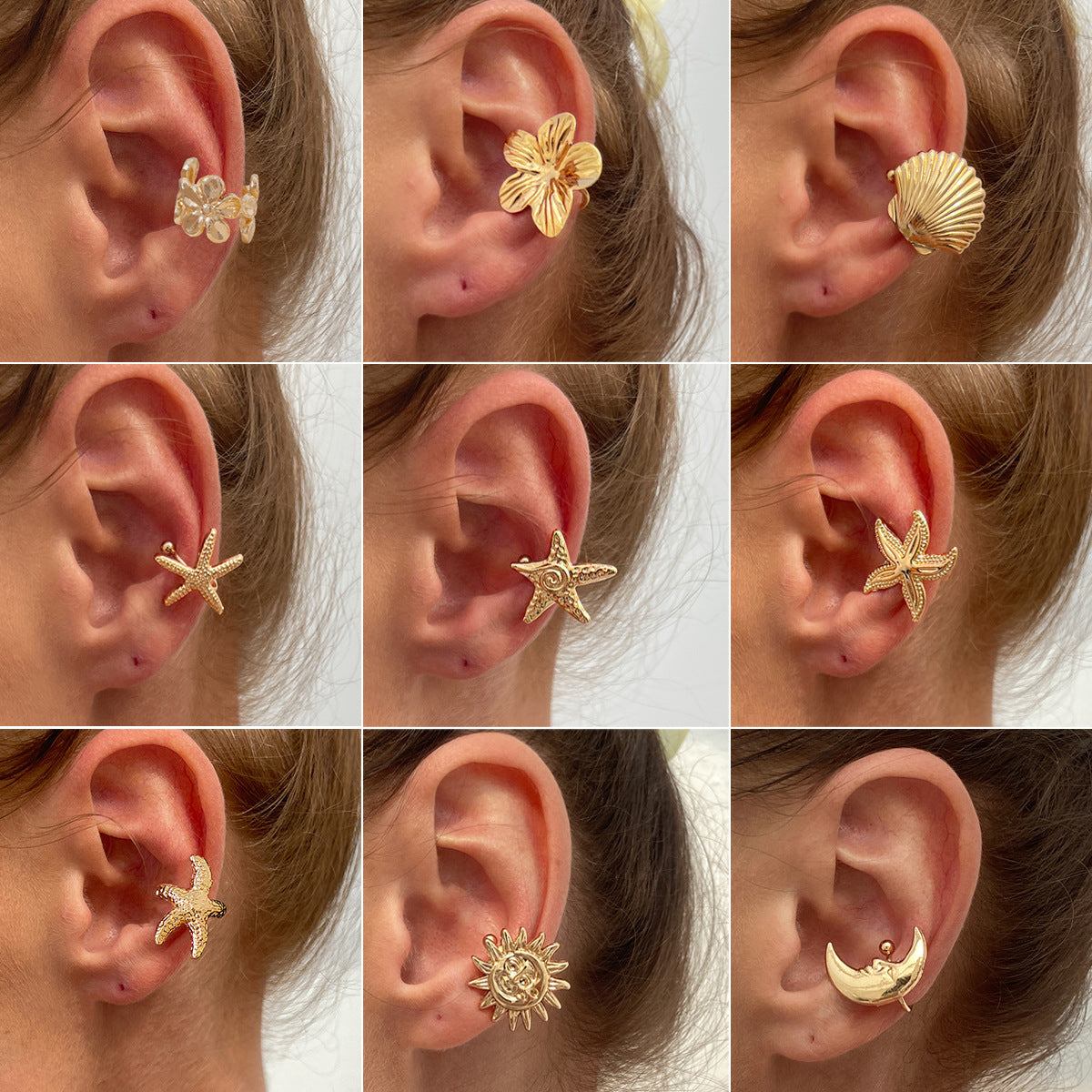 Minimalist Floral Ocean-Inspired Ear Cuff for Women Made of Alloy with Plated Finish No-Piercing Scallop Star Moon Design