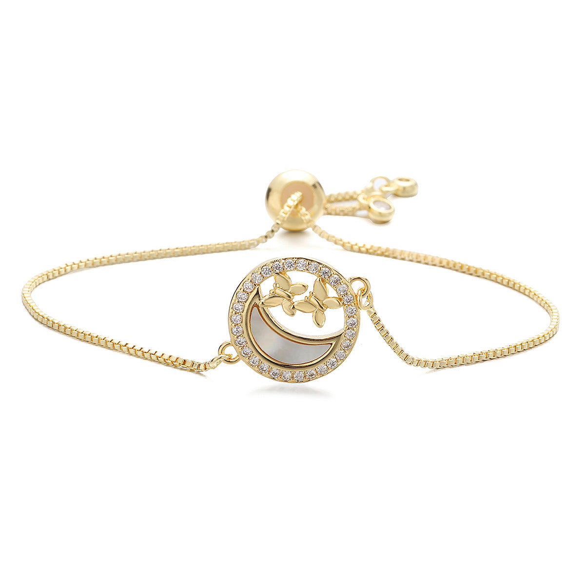 Fashion Light Luxury 18K Gold Plated Brass Heart Butterfly Bracelet with Micro-inlaid Cubic Zirconia and Shell for Women