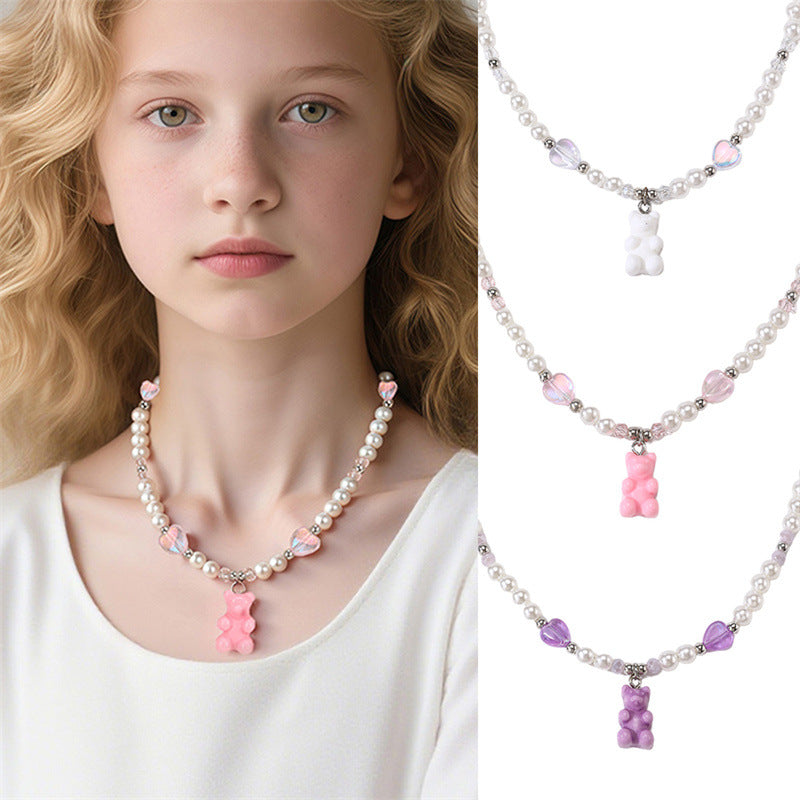 Collana con Ciondolo Orsetto Minimalista per Ragazze in Lega con Finitura Smaltata, Gioiello con Catenina a Medaglione con Fiocco per Bambine dai 3 ai 10 Anni