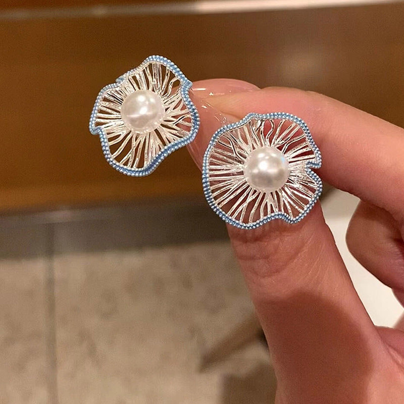 Elegantes Pendientes de Botón Estilo Perla con Acabado Esmaltado, Diseño Floral Geométrico, Postes de Acero Inoxidable, para Mujer