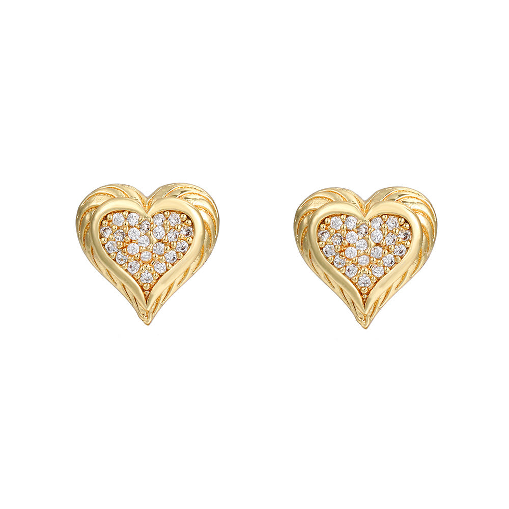 Minimalist Elegant Gold Plated Brass Heart Earrings with Micro-Inlaid Cubic Zirconia
