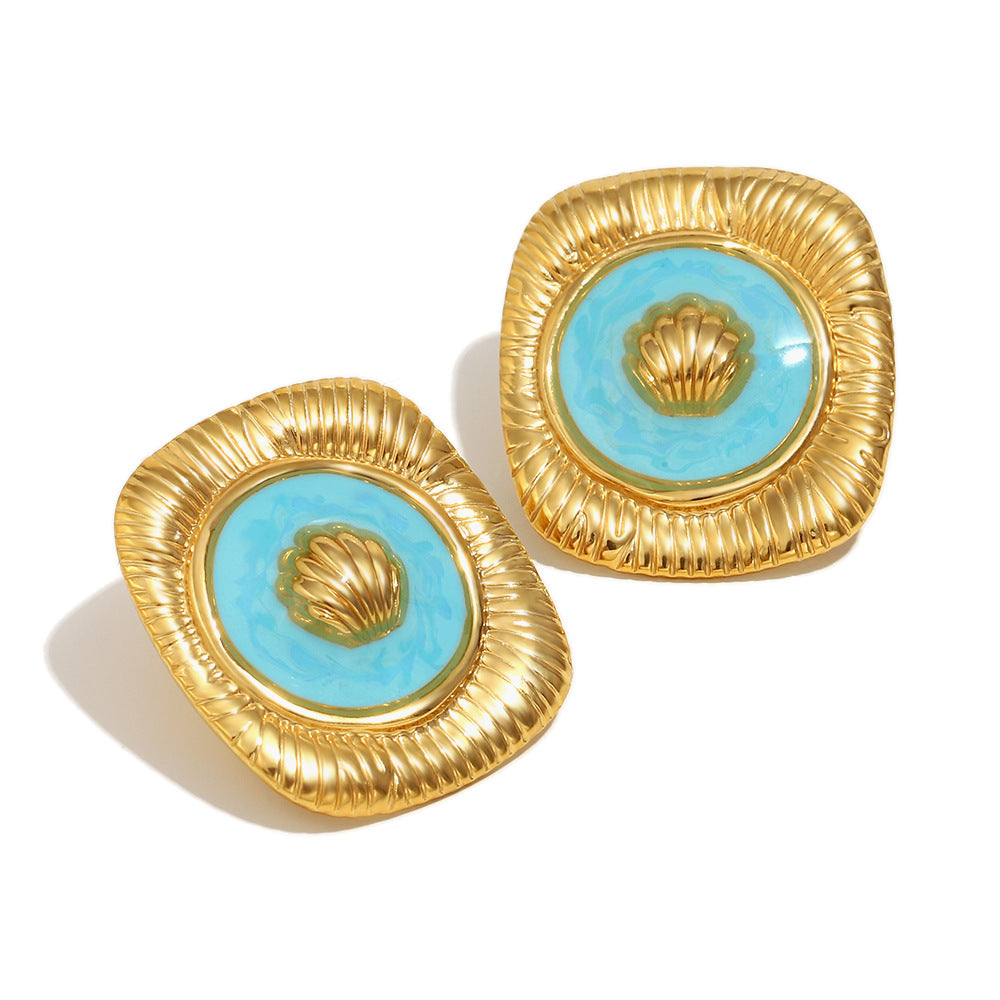 Vintage-Style Square Shell Stud Earrings and Open Ring Set in Stainless Steel with 18K Gold Plating and Enamel Finish for Women