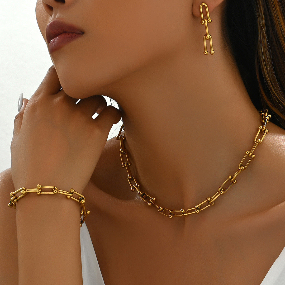 Conjunto de Joyas de Aleación Electrochapada para Mujer de Moda Minimalista con Collar, Pendientes y Pulsera con Patrón Geométrico y Cierre en Forma de Herradura en U