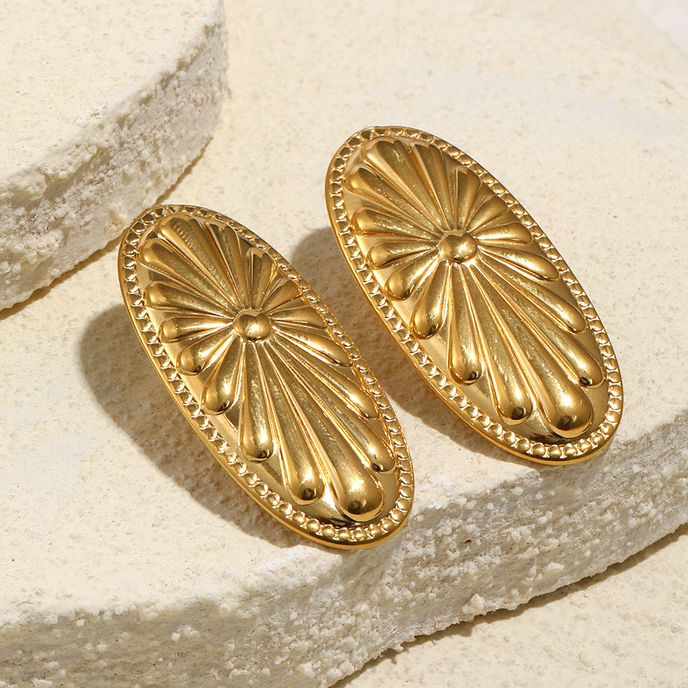 Minimalist Geometric Shield-Shaped Stainless Steel Earrings with 18K Gold Plating and Floral Radiance Detail