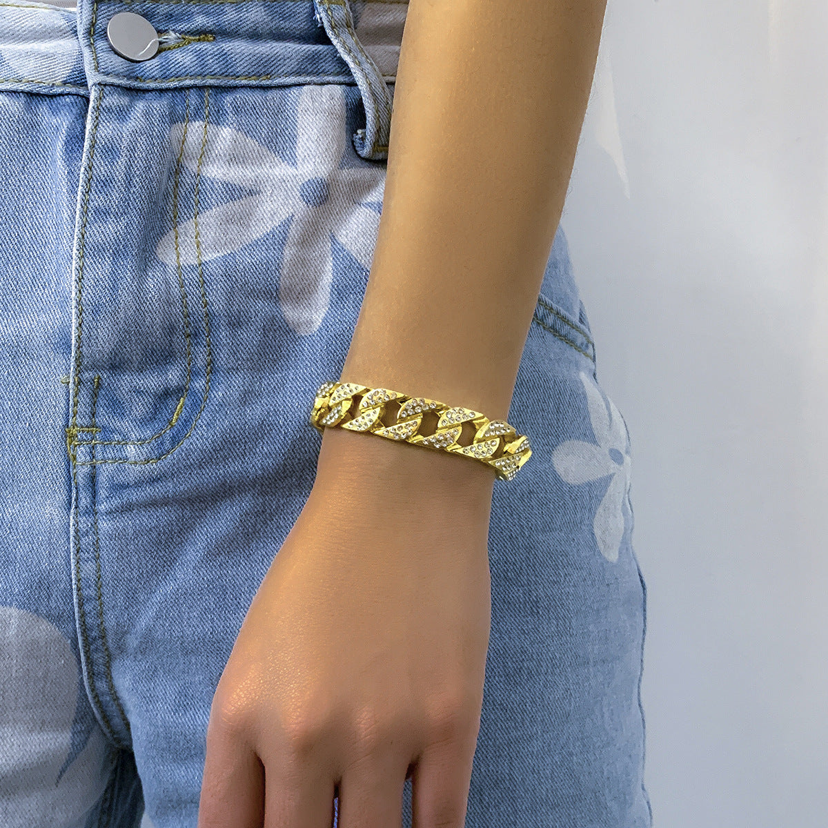 Vintage Punk Hip-hop Geometric Rhinestone Inlay Alloy Cuban Link Chain Bracelet for Women
