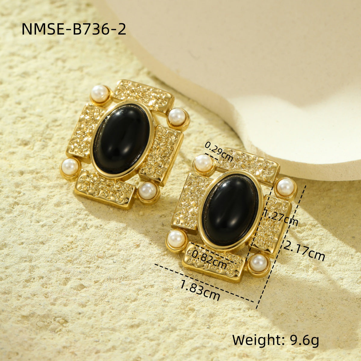 Pendientes de tuerca ovalados con perlas y textura cuadrada vintage para mujer, de piedra natural, de acero inoxidable con baño de oro