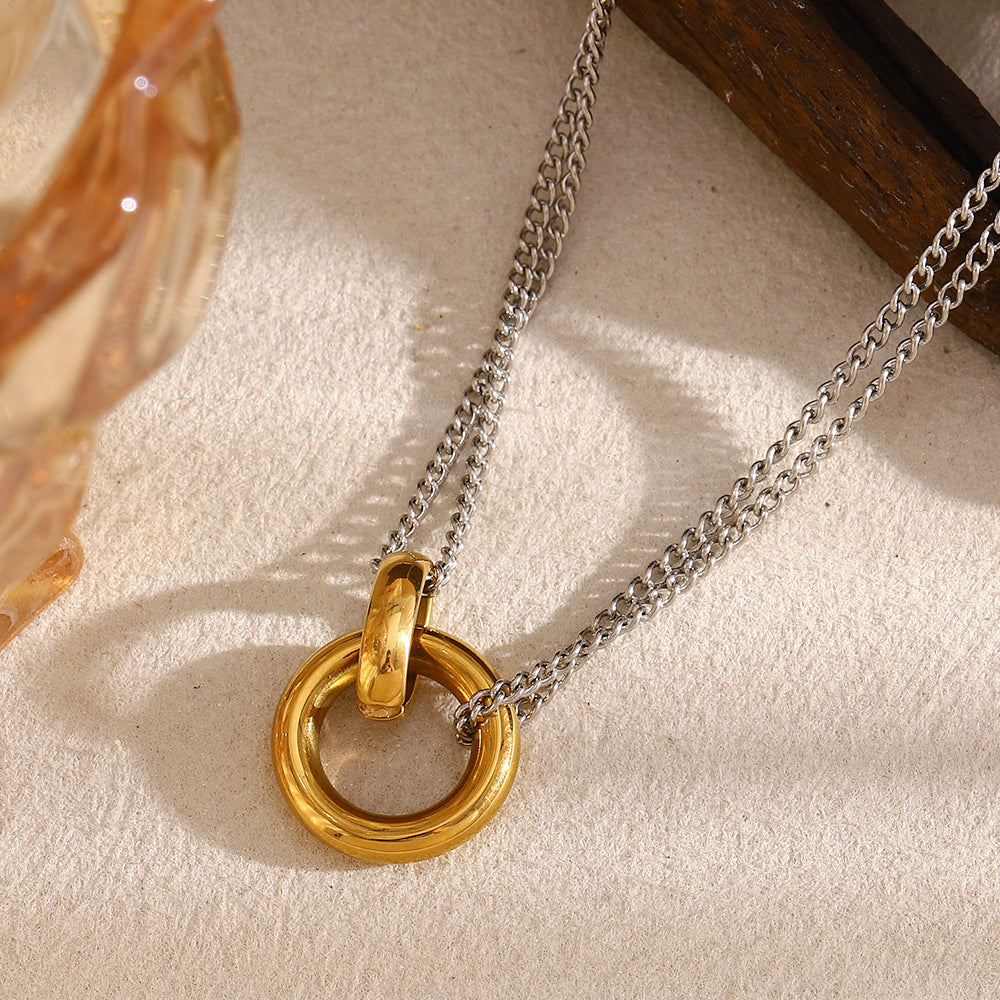 Minimalist Geometric Stainless Steel Plated 18K Gold Double Circle Necklace for Women