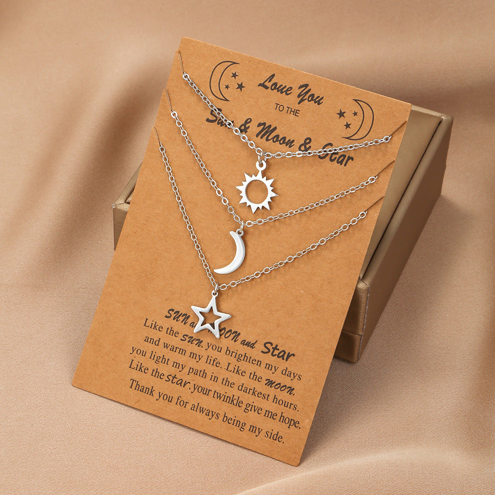 Creative Sun Moon Star Stainless Steel Cable Chain Necklace Set for Unisex