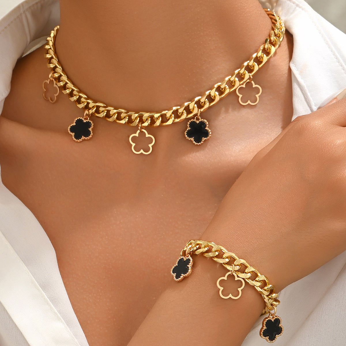 Minimalist Plum Blossom Alloy Necklace and Bracelet Set with Inlay Acrylic Accents for Women