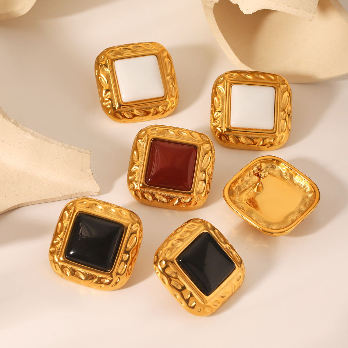 Retro French-Style Square Stainless Steel Hammered Texture Stud Earrings for Women with Agate Inlay, Hypoallergenic Plated Finish
