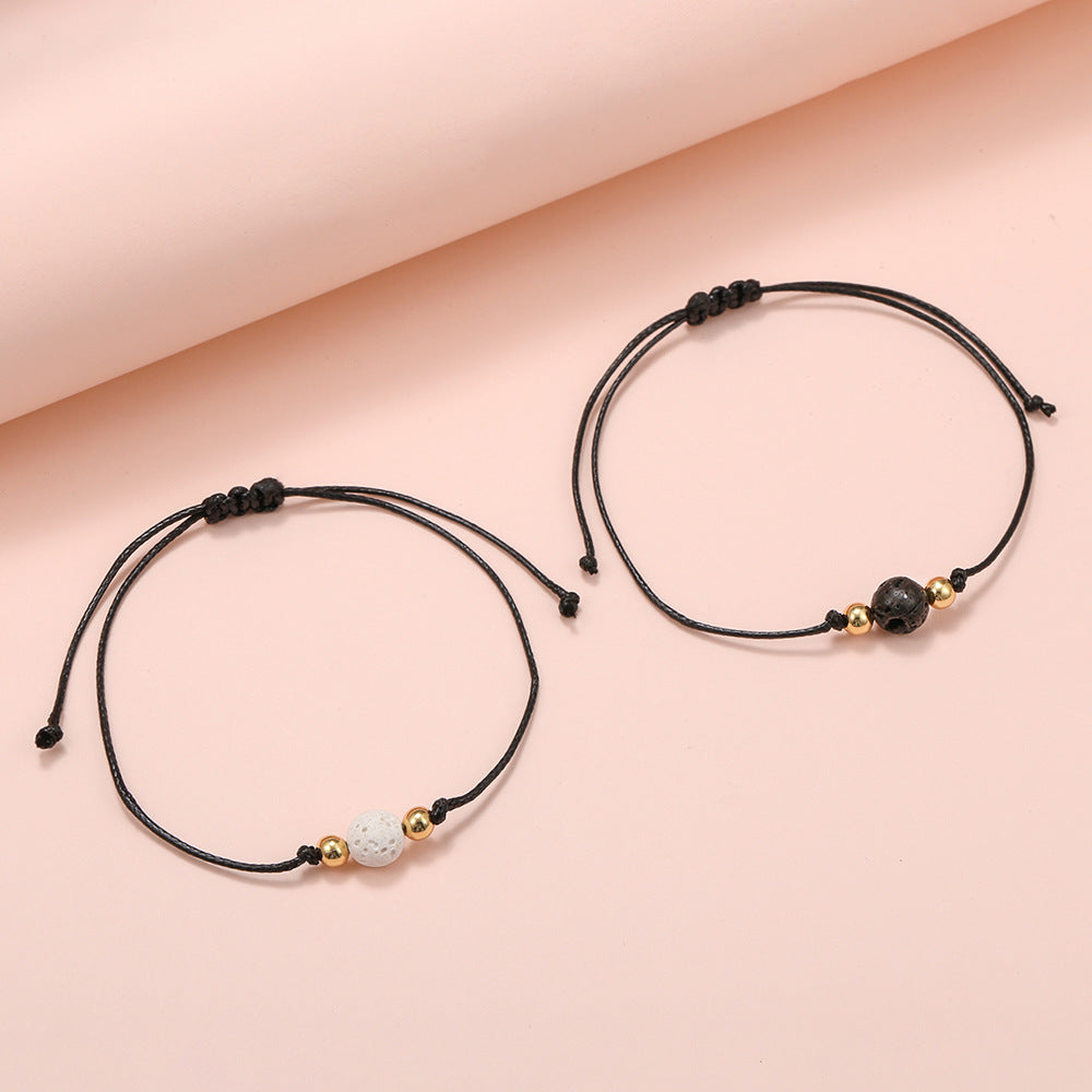 Minimalist Geometric Alloy and Natural Volcanic Stone Beaded Bracelet Set Handmade Adjustable Essential Oil Diffuser Jewelry for Unisex