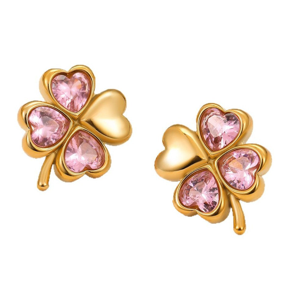 Orecchini minimalisti a forma di trifoglio in acciaio inossidabile con intarsio di zirconi colorati da donna