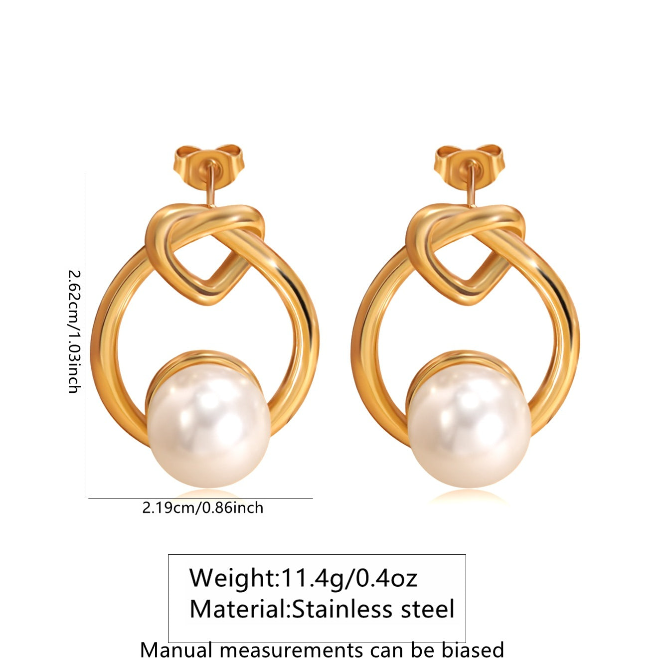 Elegant Minimalist Geometric Heart Knot Stainless Steel Stud Earrings with Pearl Inlay