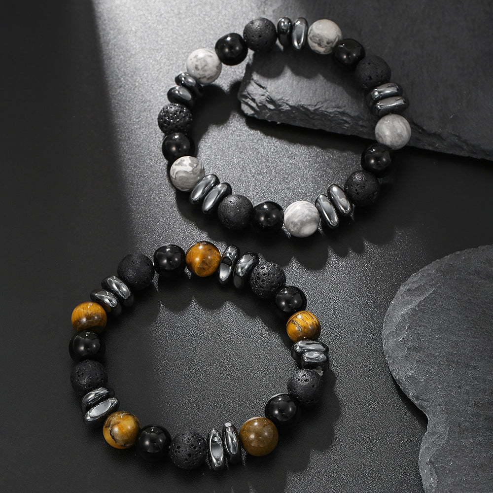 Cool Geometric Handmade Hematite Volcanic Stone Tiger Eye Bracelet 10mm Round Beads Unisex Jewelry
