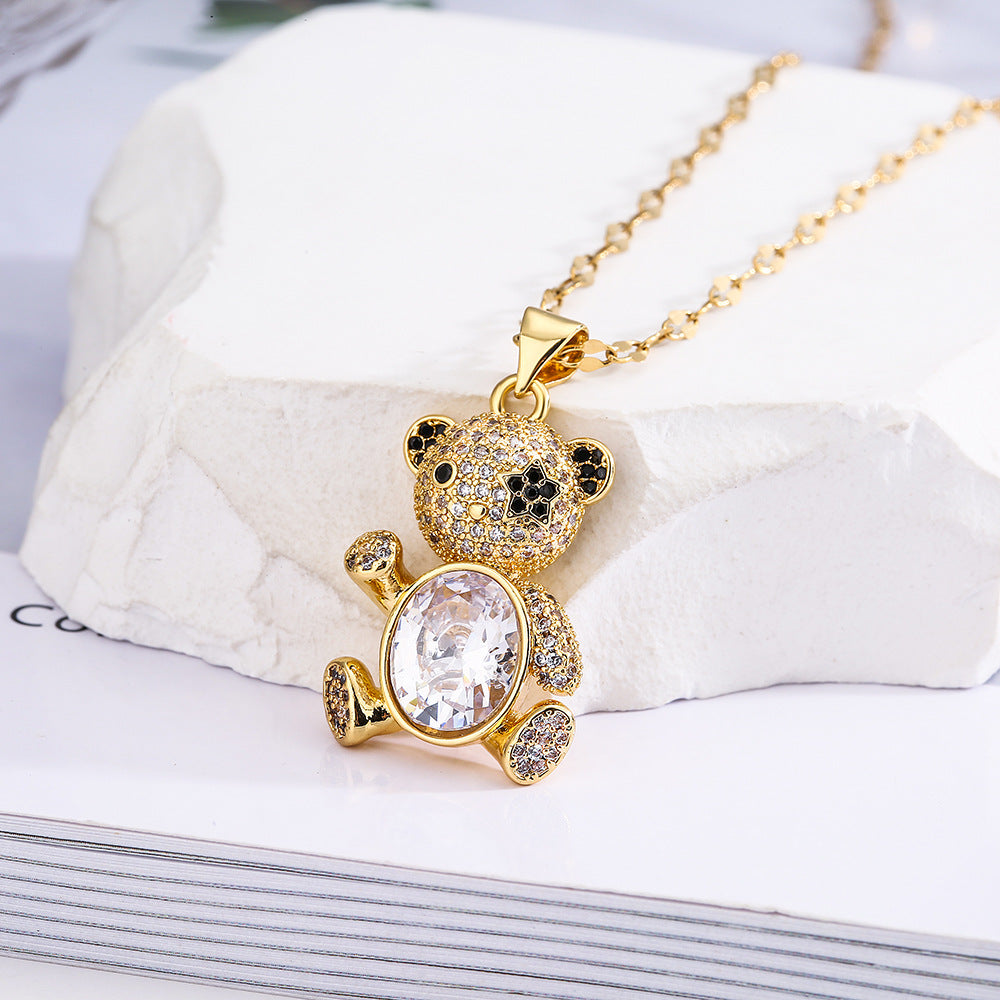 Cute Minimalist Bear-Shaped Copper Necklace with Real Gold Plating and Zircon Inlay for Women