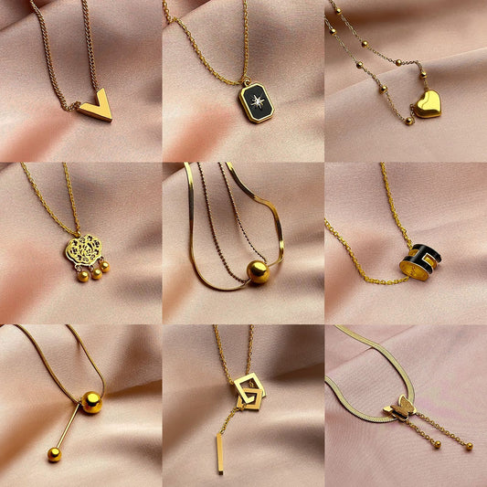Geometric Titanium Steel Plated Pendant Necklace with Snake Chain for Women