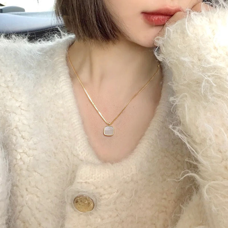 Minimalist Square Mother-of-Pearl Pendant Necklace for Women in Titanium Steel with Plated Finish and Box Chain