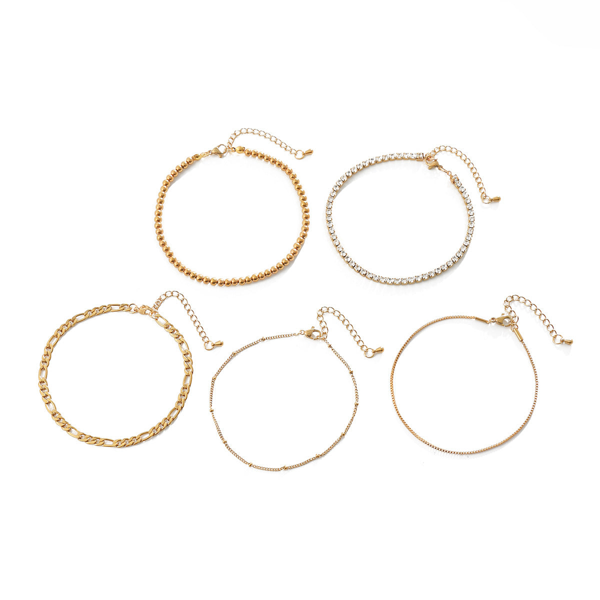 Bohemian 18K Gold Plated Stainless Steel Geometric Rhinestone Ball Chain Anklet for Women