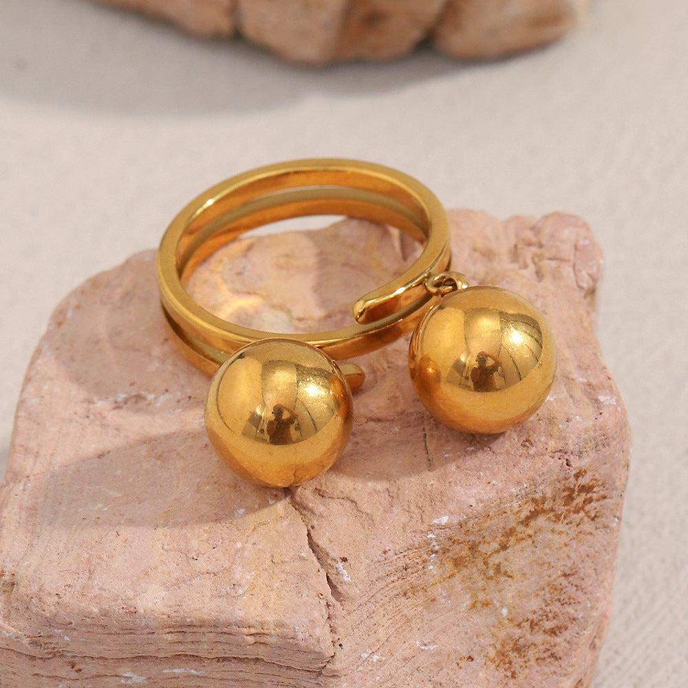 Anillo de doble esfera chapado en oro de 18 quilates de acero inoxidable geométrico minimalista para mujer