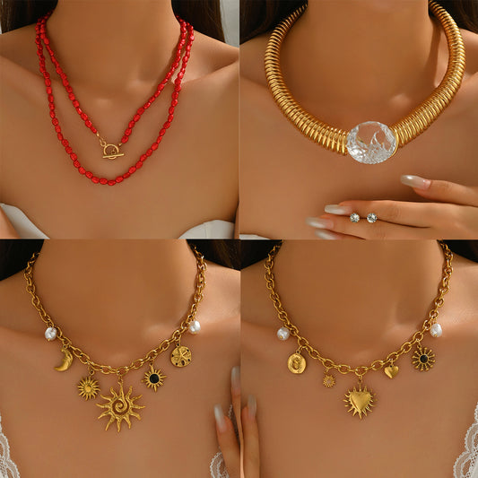 Collana geometrica minimalista a U da donna in lega di zinco placcata, con intarsio di diamanti e design a catena per clavicola