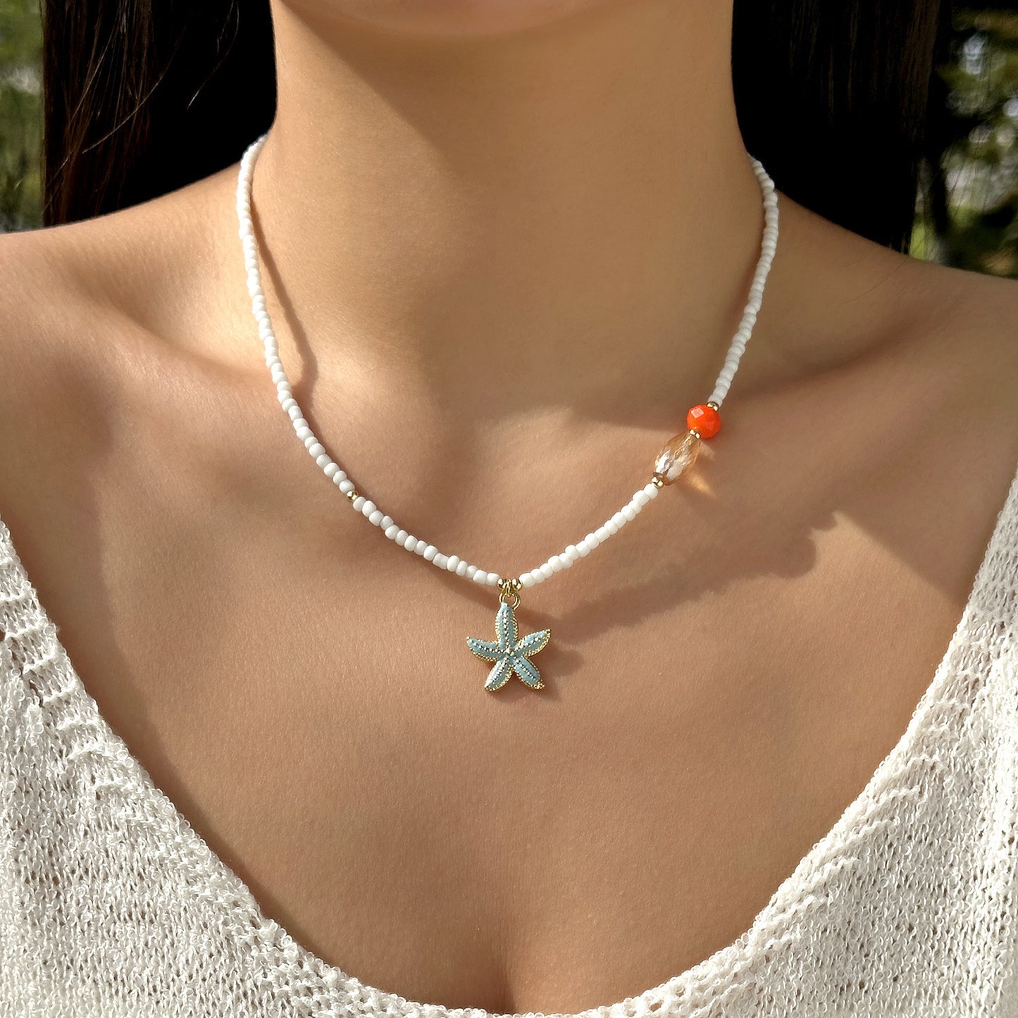 Bohemian Sweet Geometric Ceramic Resin Fish Starfish Turquoise Tassel Beaded Necklace for Women