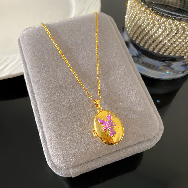 Vintage Enamel Drip Oil Oval Heart Brass Pendant Titanium Steel Necklace Cable Chain