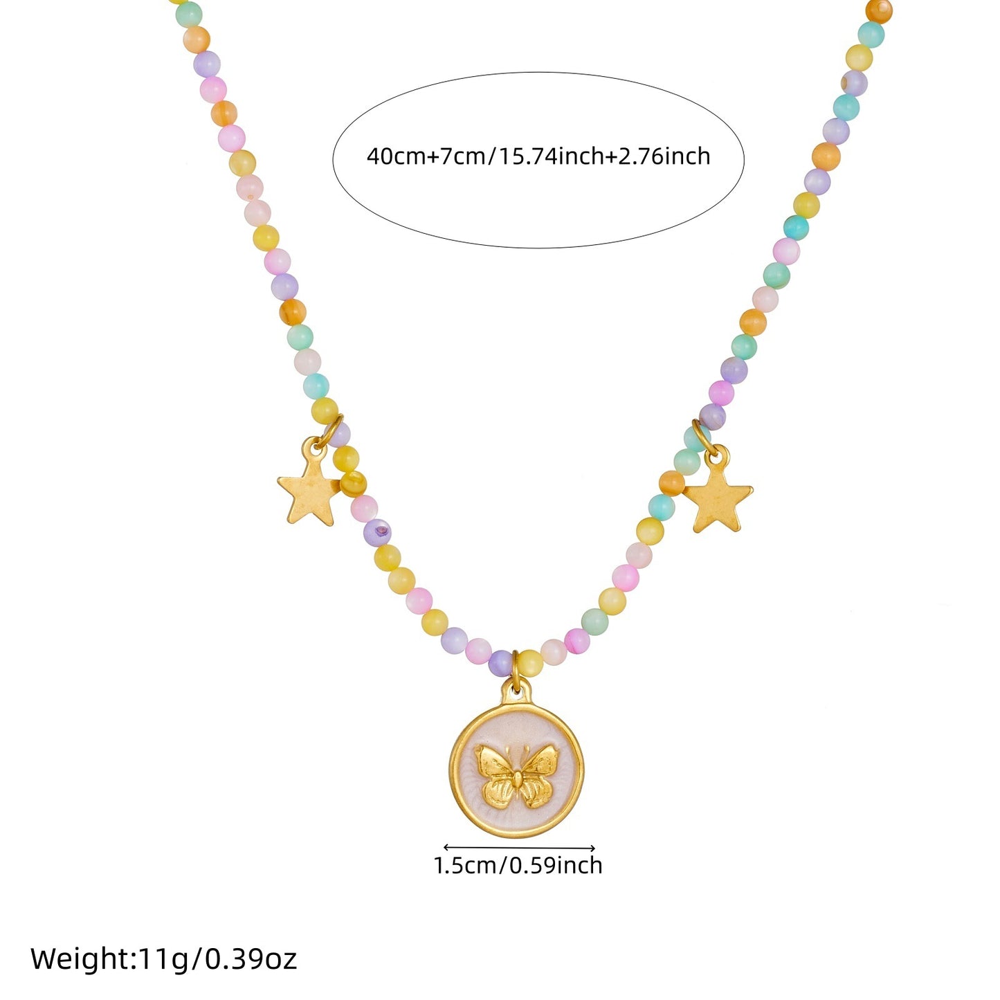 Sweet Bohemian Colorful Drip Oil Butterfly Star Round Stainless Steel Beaded Necklace