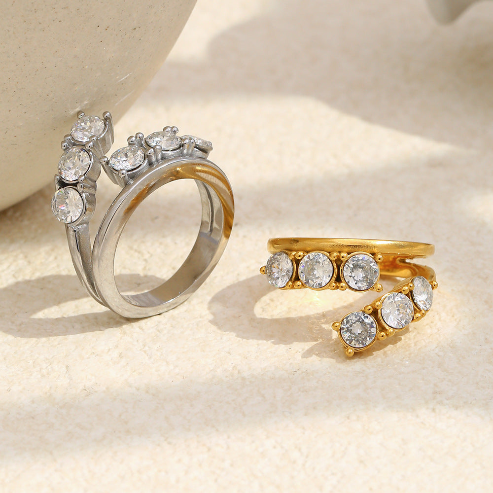 Minimalist Luxe Geometric Stainless Steel Ring with 18K Gold Vacuum Plating and Double-Layer Zirconia Accents