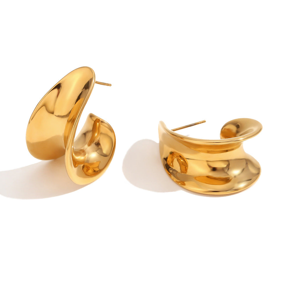 Minimalist Geometric Stainless Steel Plated 18K Gold Hoop Earrings for Women with Smooth Finish and Curved Hook Design