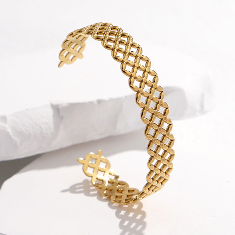Adjustable Titanium Steel Bracelet for Women with Geometric Line Design Electroplated Finish Statement Cuff