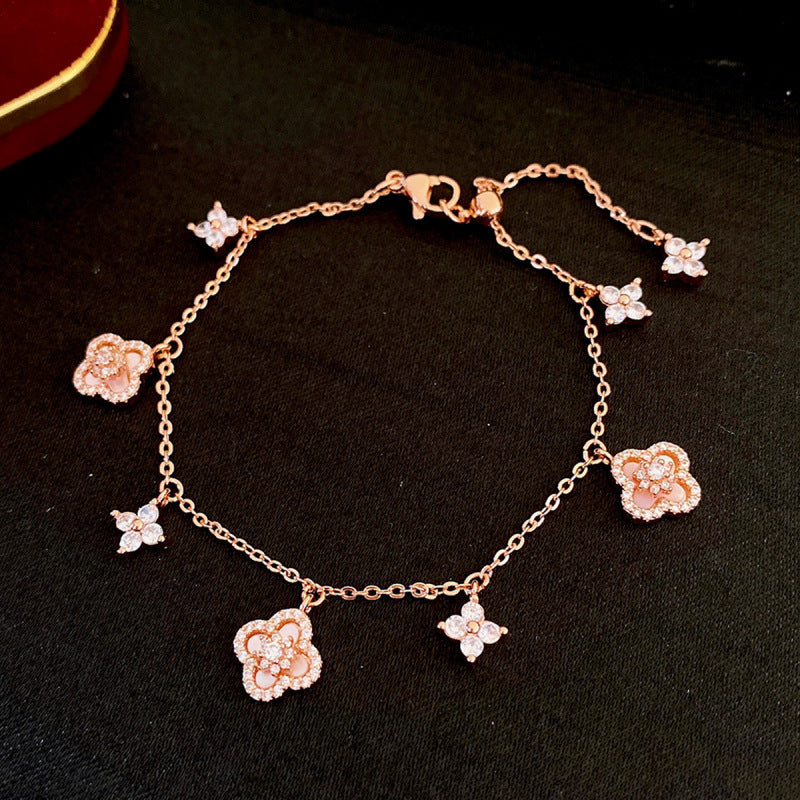 Luxury Elegant Geometric Floral Brass Bracelet with Cubic Zirconia Inlay for Women