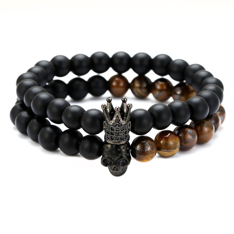 Geometric Crown Bracelet with Matte Black Stone and Cubic Zirconia, Alloy Plated Jewelry for Men and Women