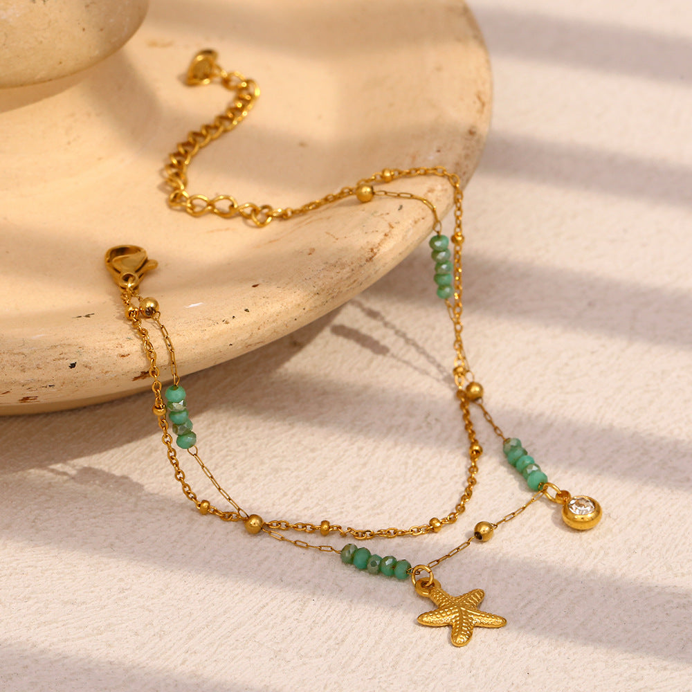 Bracciale da donna a doppia catena con stella marina in acciaio inossidabile placcato oro 18 carati, geometrico, minimalista e alla moda