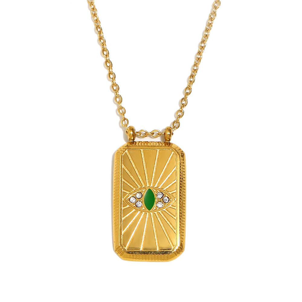 Vintage Elegant Geometric Square Stainless Steel Gold Plated Drip Oil Tarot Pendant Necklace for Women