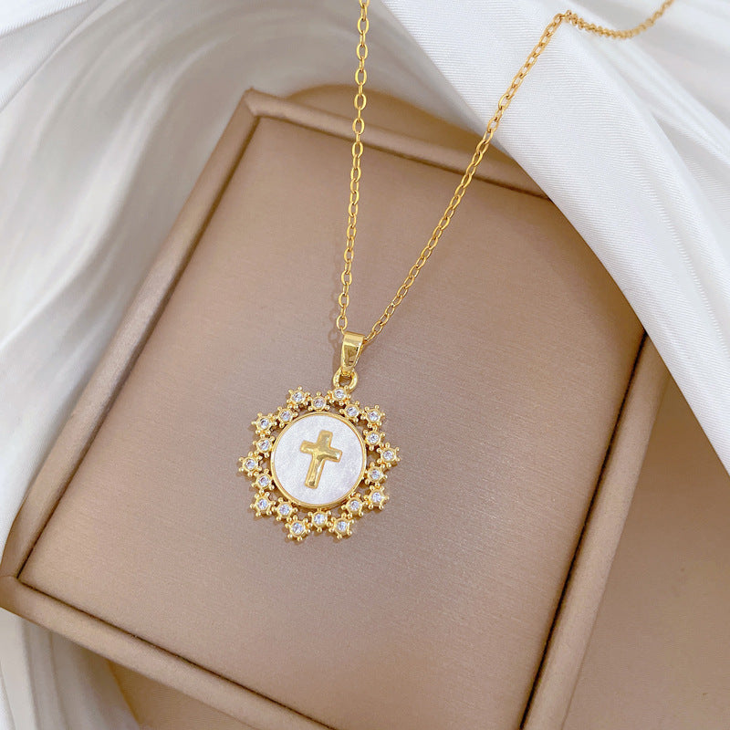 Minimalist Star and Cross Pendant Necklace for Women Stainless Steel Delicate Clavicle Chain with Rhinestone Accents