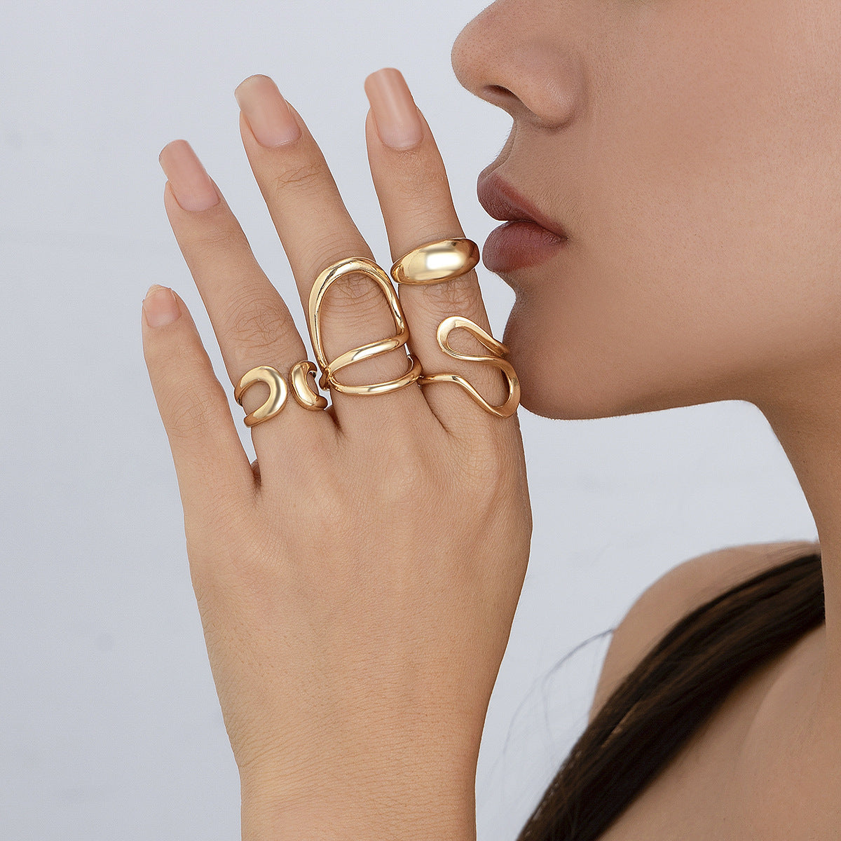 Minimalist Geometric Hollow Liquid-Design Alloy Ring Set with Polished Finish for Women