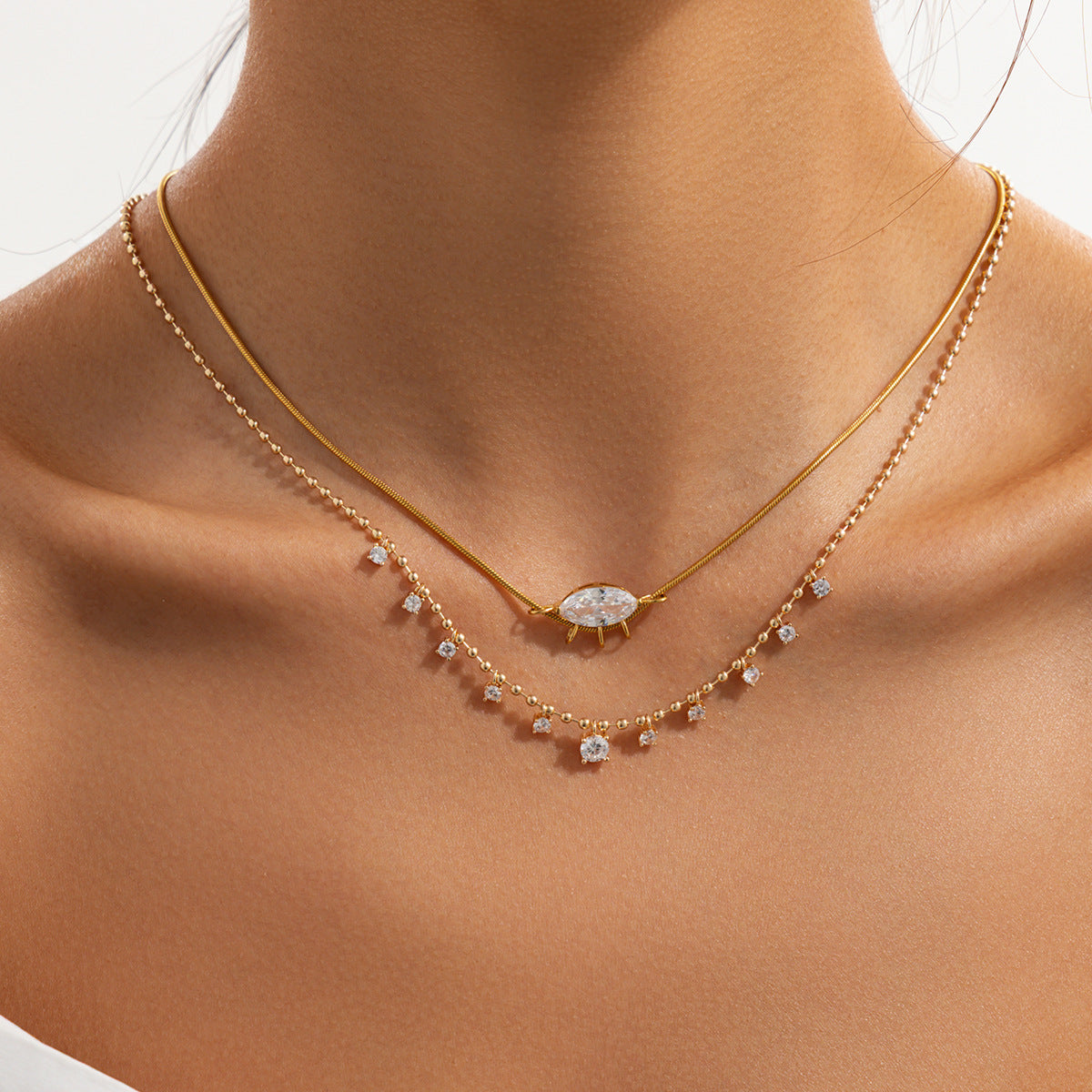 Minimalist Luxury 18K Gold Plated Stainless Steel Square Marquise Rhinestone Pendant Necklace for Women