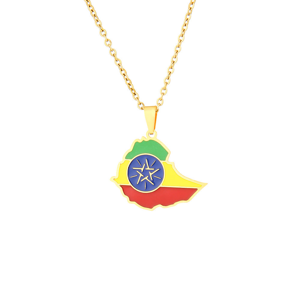 Collana con pendente geometrico smaltato etiope in acciaio inossidabile e acciaio al titanio con finitura placcata per abbigliamento casual unisex