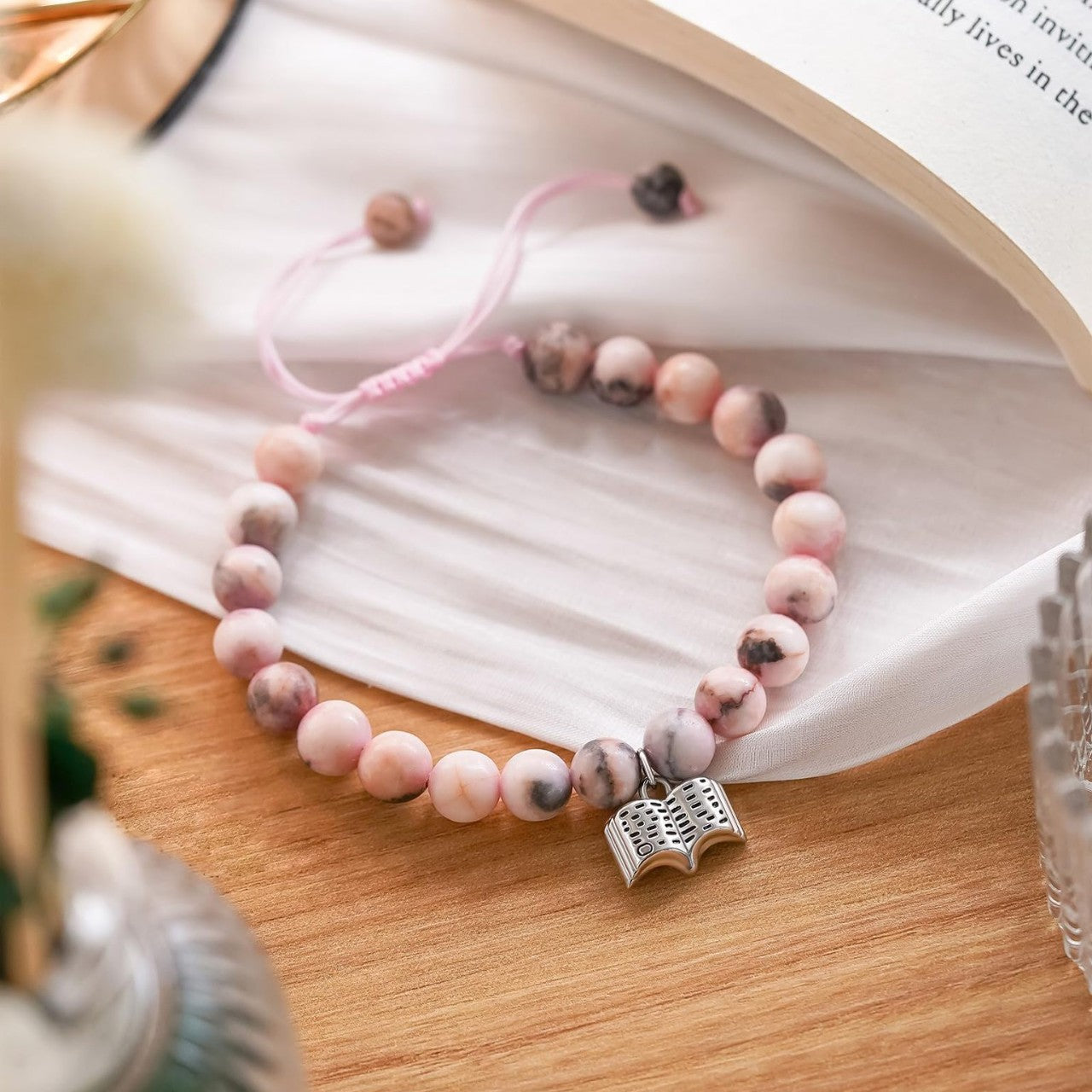 Sweet Zebra Print Stainless Steel Book Pendant Braided Bracelet for Women