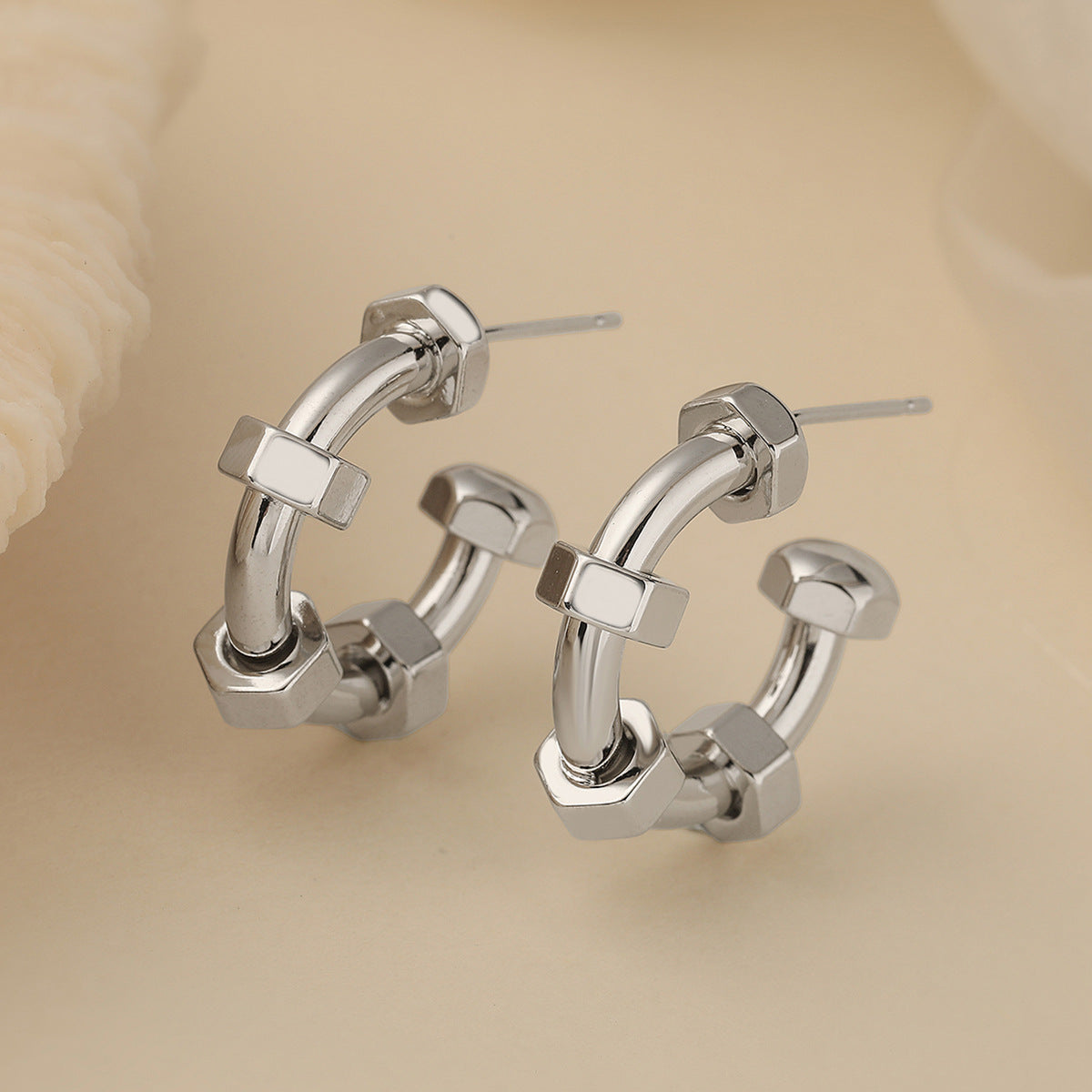 Punk Style Geometric C-Shaped Earrings for Women in Copper with 18K Gold Plating