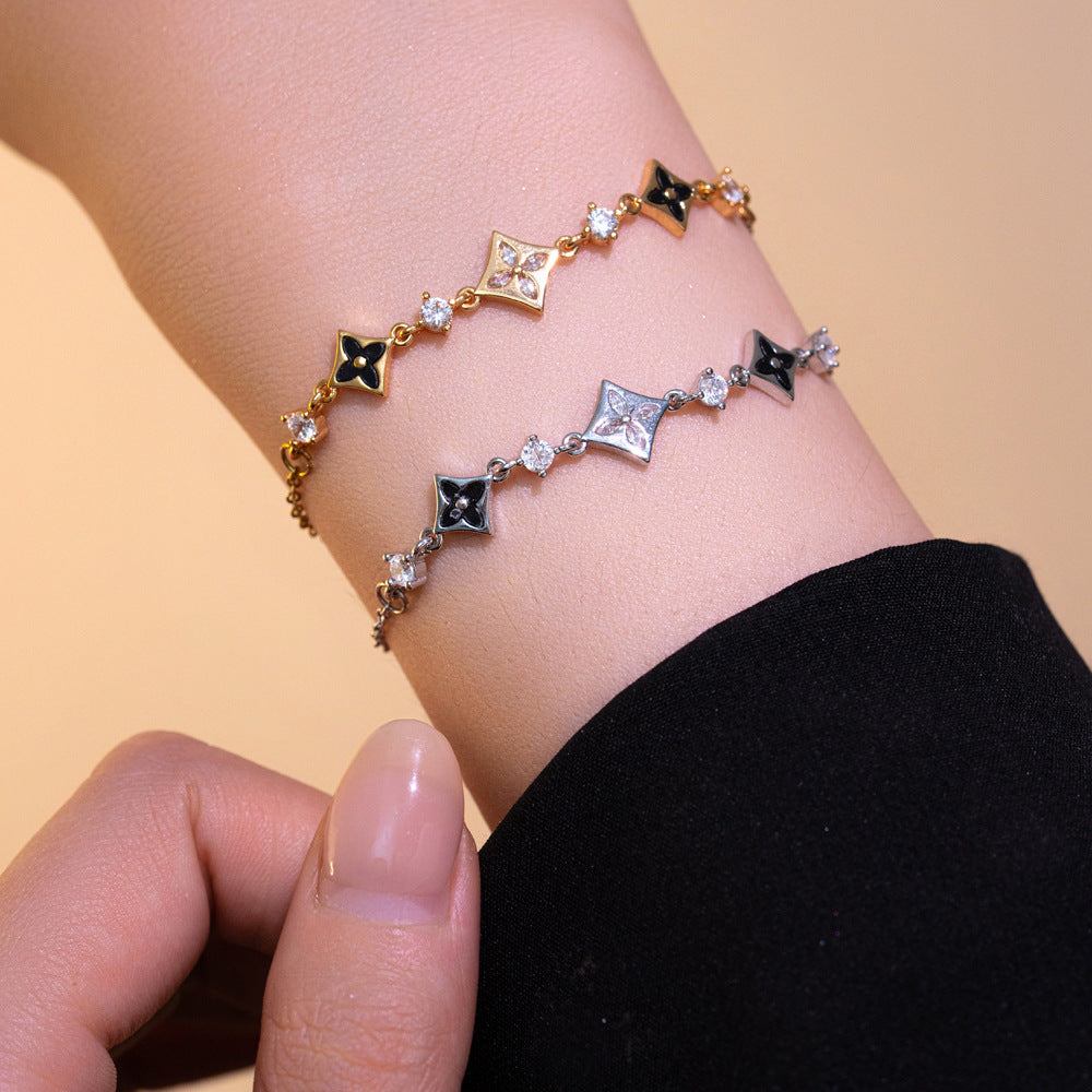 Light Luxury Floral-Shaped Titanium Steel Bracelet with Rhinestone Inlay for Women, Minimalist Elegant Design Suitable for All Occasions
