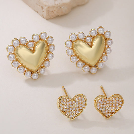 Minimalist 18K Gold Plated Brass Heart Pearl Stud Earrings for Women