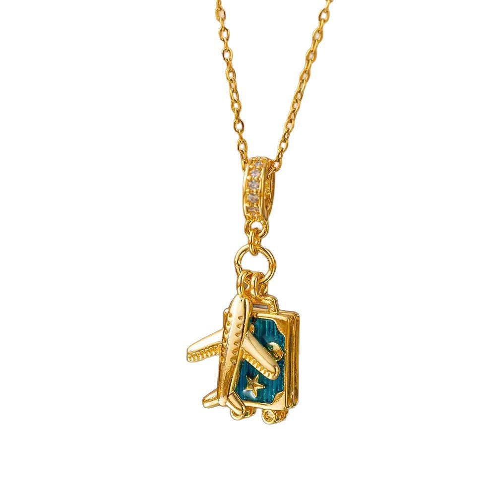 Collana Pendente da Donna a Goccia in Acciaio Inossidabile Placcato Olio, con Design Geometrico, Aeroplano e Mappamondo