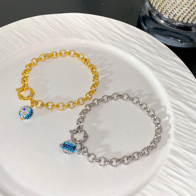 Luxury Rhinestone Inlaid Geometric Eye Cuban Link Chain Charm Bar Titanium Steel Bracelet