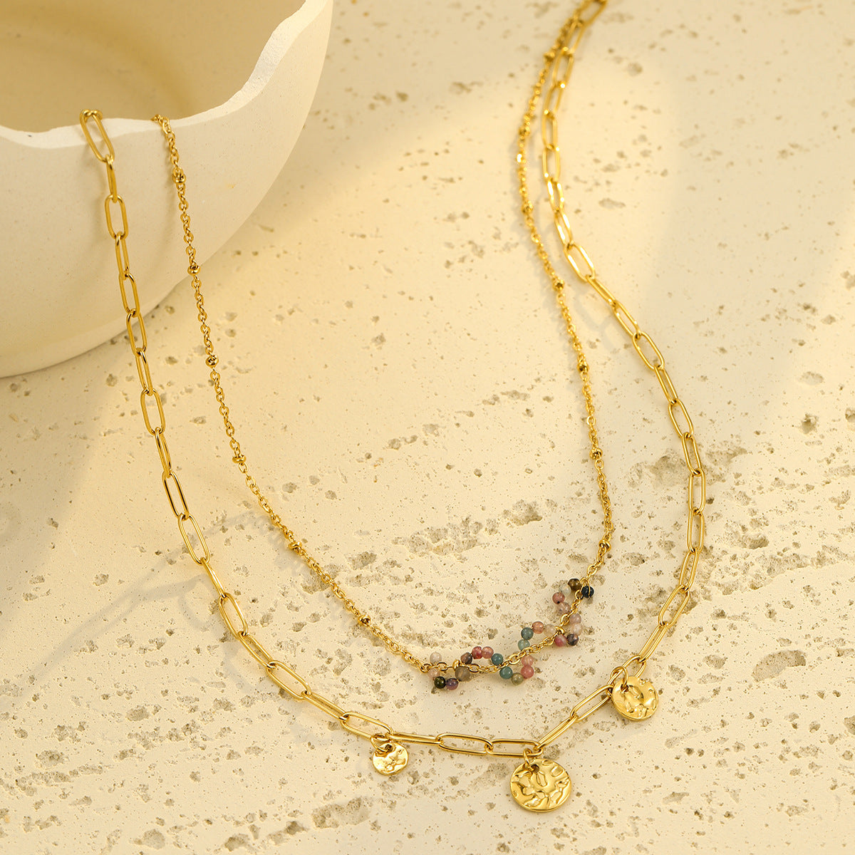 Elegante Set Collana in Acciaio Inossidabile con Pendente in Pietra Naturale e Bracciale Coordinato da Donna